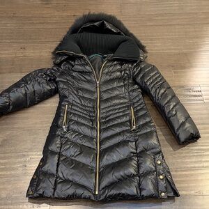 Andrew Marc Black Puffer Coat with Gold Accents